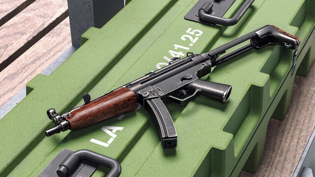 3d render of a submachine gun on an ammunition crate