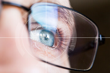 Eye monitoring and eye scan . Biometric iris scan of male eye closeup.