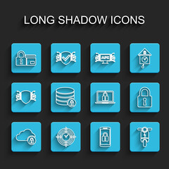 Set line Cloud computing lock, Time Management, Credit card with, Smartphone, Electric scooter, Server security, Lock and Laptop and icon. Vector