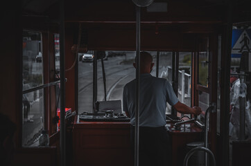 The interior of a historic tram