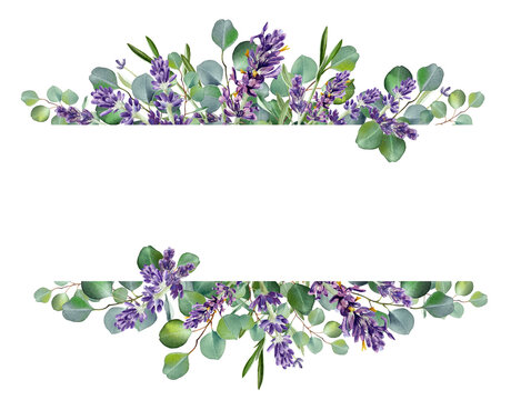 Watercolor eucalyptus leaves and purple lavender flower. Botanical frame, Greenery branches. Rustic design. Template. Wedding invitation. Floral wreath. Provence illustration. Isolated on white