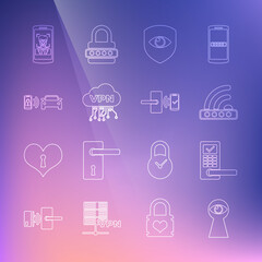 Set line Keyhole with eye, Digital door lock wireless, Wifi locked, Shield and, Cloud VPN interface, Smart car alarm system, Mobile recognition and icon. Vector