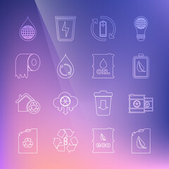 Set line Bio fuel canister, Radioactive waste in barrel, Eco nature leaf and battery, Battery with recycle, Recycle clean aqua, Toilet paper roll, Earth planet water drop and Oil icon. Vector
