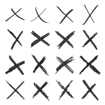 Crossing Lines. Collection Of 16 Handwritten X Marks (Line Through, Reject Signs, Etc.)  Scribbled in Chalk or Very Soft Pencil. Grunge Texture in Several Layers in the Vector Isolated on a White Back