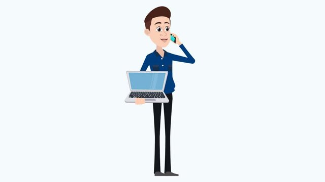Businessman Character Flat Cartoon Looped Illustration. Office worker in different positions. Man talking on cell phone, tinkering with laptop