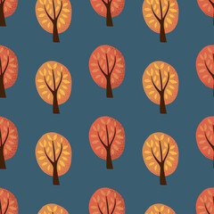 Autumn illustration - yellow, red trees in a park or forest. Seamless vector background, elements on a dark blue background. Simple style, minimalism. For children, children's clothing, fabric
