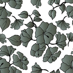 Elegant seamless monochrom pattern with hand drawn hibiscus flowers. Pattern for wallpaper, wrapping paper, background, print, fabric, greeting cards. Vector illustration.