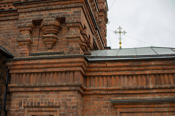 Ancient Orthodox church. Red brick church. Details of old architecture.