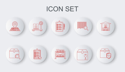 Set line Delivery box security shield, Search package, Verification of delivery list, with fragile content, Placeholder map, Scale cardboard, and Warehouse icon. Vector