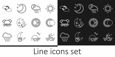 Set line Moon and stars, Eclipse of the sun, Cloud with rain moon, Sun cloud weather, and icon. Vector