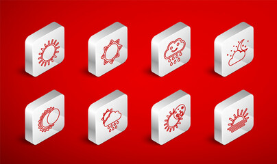 Set line Sunset, Cloud with rain, moon and stars, Eclipse of the sun, and icon. Vector