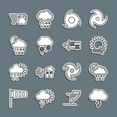 Set line Storm, Cloud with snow, rain, moon, Wind and sun, Tornado, swirl and icon. Vector