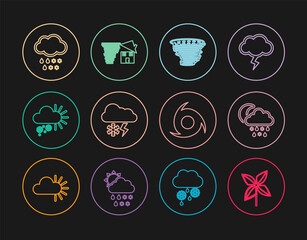 Set line Pinwheel, Cloud with snow, rain, moon, Tornado, and lightning, Cloudy, and swirl icon. Vector