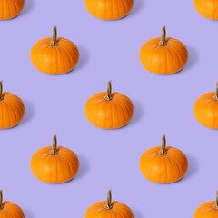 Seamless pattern with a pumpkin on a purple background. Autumn pumpkin background.