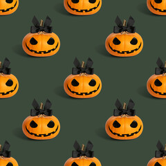 Halloween lady pumpkin seamless pattern on a green background. Jack o lantern girl background. Design for packaging.