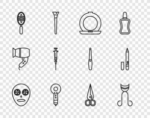 Set line Facial cosmetic mask, Eyelash curler, Makeup powder with mirror, Hair dryer, Hairbrush, Syringe, Scissors and Eyeliner, eyebrow icon. Vector