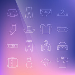 Set line Polo shirt, Sport bag, socks, Clutch, Man hat, Socks, Skirt and Long sleeve icon. Vector