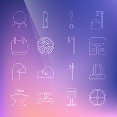 Set line Round wooden shield, Medieval hood, iron helmet, Torch flame, Old wheel, Body armor, keys and axe icon. Vector