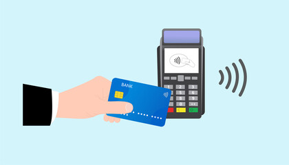 Vector payment machine and credit card. POS terminal confirms payment by debit credit card, invoice. Vector illustration in flat design. NFC payments concept. NFC isometric payments concept