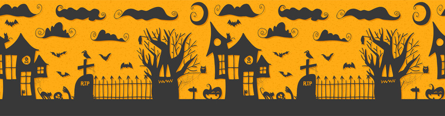 Seamless Pattern. Halloween - October 31. Hand-drawn doodle illustration. Trick or treat. Happy Halloween 2021