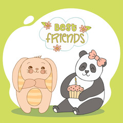 Hand drawn cute animals with lettering. Panda, Bunny with striped ears and a belly, cupcake with candle, flower and leaves. Best Friends. Vector.