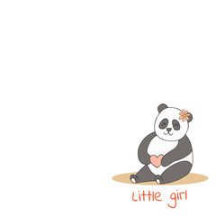 Hand drawn cute animals with lettering. Panda with heart and flower. Little girl. White background. Vector.
