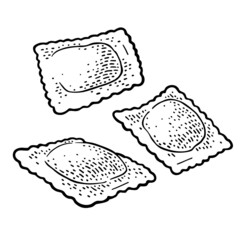 Three ravioli. Vintage black vector engraving illustration. Isolated on white