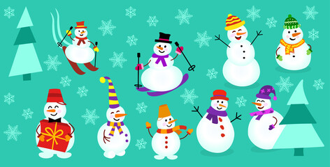 Collections icons of different snowmen. Snowman with a gift, on skis