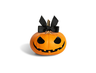 Halloween pumpkin girl with a black bow isolated on a white background. Jack o Lantern Lady pumpkin.