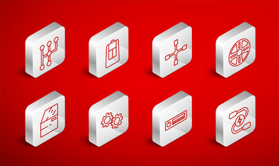 Set line Car battery jumper power cable, key with remote, Wheel wrench, Alloy wheel, Audio, Gear shifter, and door icon. Vector