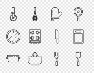 Set line Cooking pot, Spatula, Oven glove, Citrus fruit juicer, Pizza knife, Gas stove, Barbecue fork and Cutting board icon. Vector