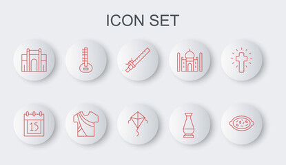 Set line Kheer in a bowl, Independence day India, Bamboo flute indian, Indian vase, Gate Delhi, Sitar, man dress and Kite icon. Vector