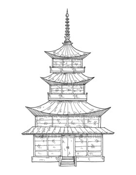 Pagoda japanese temple. Vintage engrave monochrome black