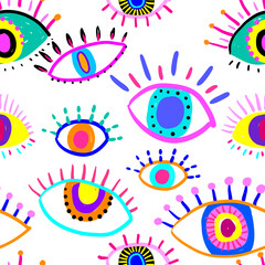 Bright seamless pattern with colorful eyes. Texture background. Wallpaper for teenager girls. Women's fashion style - 458831366