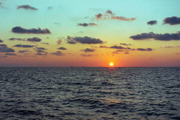 Obraz premium Stromboli island (Aeolian archipelago), Lipari, Messina, Sicily, Italy: panorama of a colorful sunset.