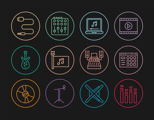 Set line Music equalizer, Drum machine, Laptop with music note, festival flag, Electric bass guitar, Audio jack, recording studio and Sound mixer controller icon. Vector