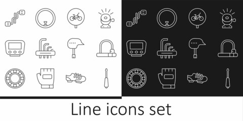 Set line Screwdriver, Bicycle lock, Tool allen keys, speedometer, pedals, helmet and wheel icon. Vector