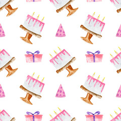 Seamless pattern for birthday in pink colors with cakes and gifts illustrations. 