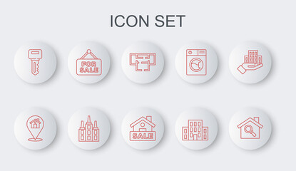 Set line Search house, Location with, House plan, key, Hanging sign For Sale, Skyscraper and icon. Vector