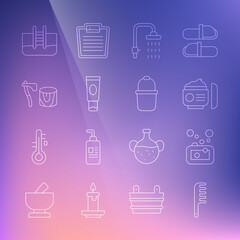 Set line Hairbrush, Bar of soap, Cream or lotion cosmetic tube, Shower, Wooden axe in stump, Swimming pool with ladder and Sauna bucket icon. Vector