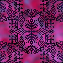 Seamless gradient mesh blurry background tribal ethnic rug motif pattern. High quality illustration. Black hand drawn boho gipsy design on bright pink faded backdrop. Holographic iridescent look.