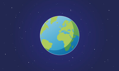 Earth planet green and blue with cartoon style illustration in flat design with center in Europe and Africa - Vector icon