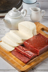 Guava jam with sliced ​​cheese on the table. Romeo e Julieta, a typical Brazilian sweet.