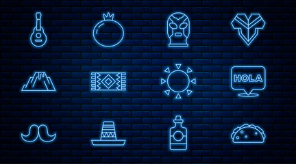 Set line Taco with tortilla, Hola, Mexican wrestler, carpet, Volcano eruption lava, guitar, Sun and Tomato icon. Vector © vector_v