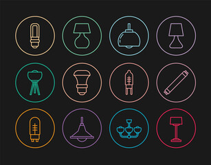 Set line Floor lamp, Fluorescent, Chandelier, LED light bulb, Light emitting diode and Table icon. Vector