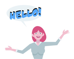 Fototapeta na wymiar Girl with red hair in a gray sweater joyfully greets vector illustration