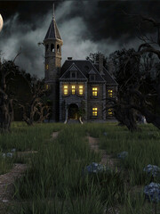 3d-illustration of an scary castle in moonlight for background usage