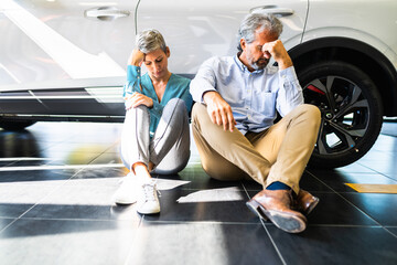 A sad couple sits next to a car in a car dealership because they can't afford the car they want.
