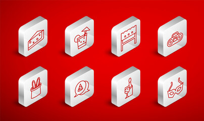 Set line Festive mask, Cocktail, BBQ brazier, Home stereo with two speakers, Champagne bottle, Piece of cake, Slice pizza and Magician hat and rabbit ears icon. Vector