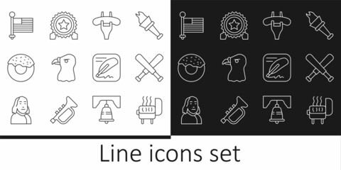 Set line Barbecue grill, Crossed baseball bat, Sausage on the fork, Eagle head, Donut, American flag, Declaration of independence and Medal with star icon. Vector
